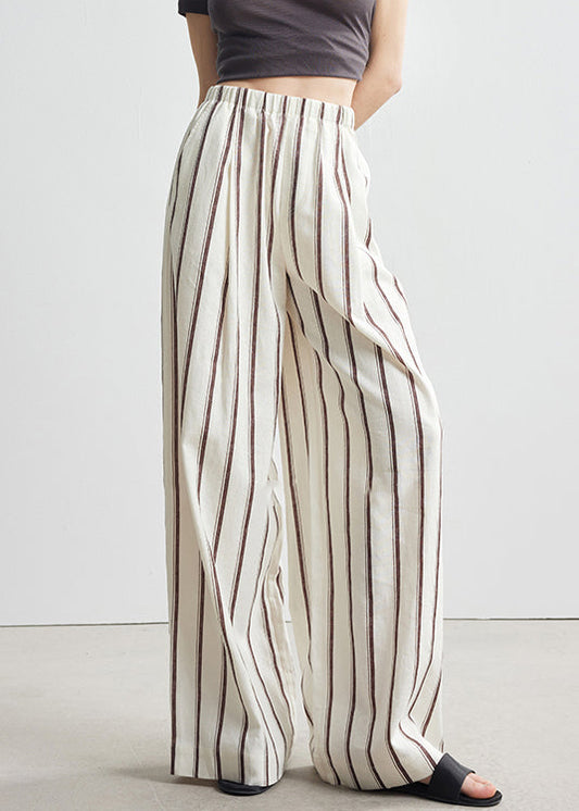 Beige Pockets Elastic Waist Linen Wide Leg Pants Striped