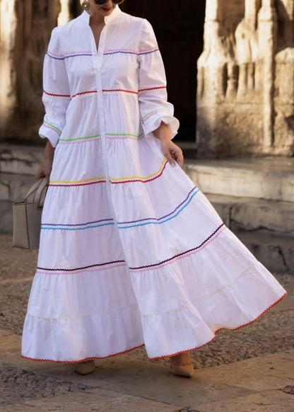 French White V Neck Striped Patchwork Cotton Long Dress Summer