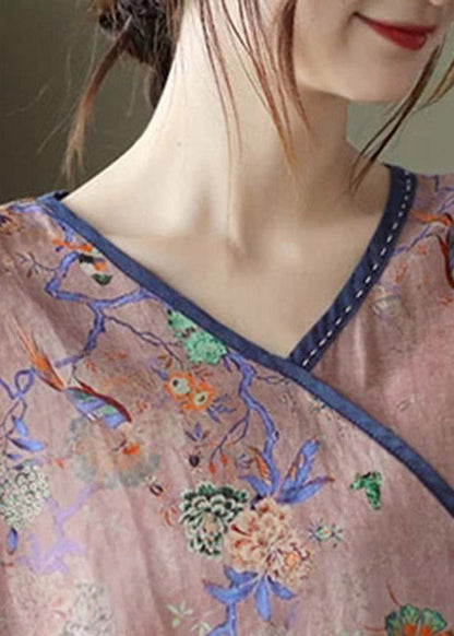 Pink V Neck Print Button Patchwork Blouse Tops Short Sleeve