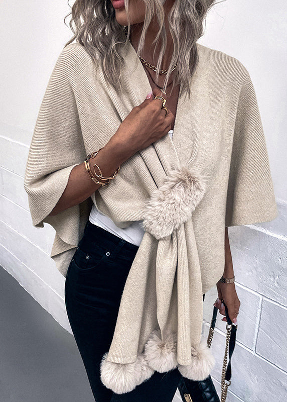 Stylish Apricot V Neck Fuzzy Ball Patchwork Knit Cape Fall