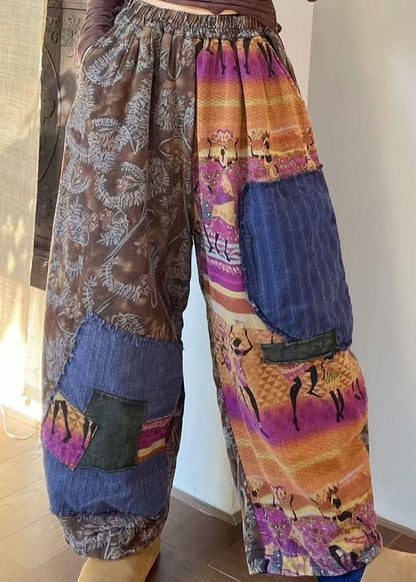 Colorblock Pockets Patchwork Fine Cotton Filled Pants Winter