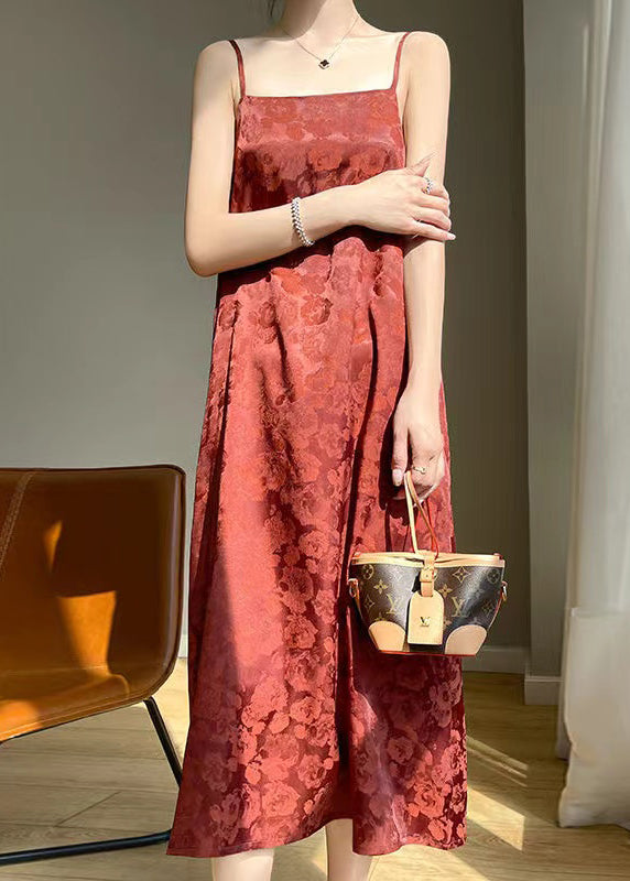 Red Print Pockets Silk Spaghetti Strap Dress Sleeveless