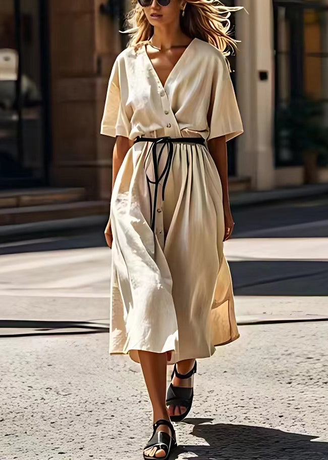 Beige V Neck Tie Waist Patchwork Cotton Dress Summer