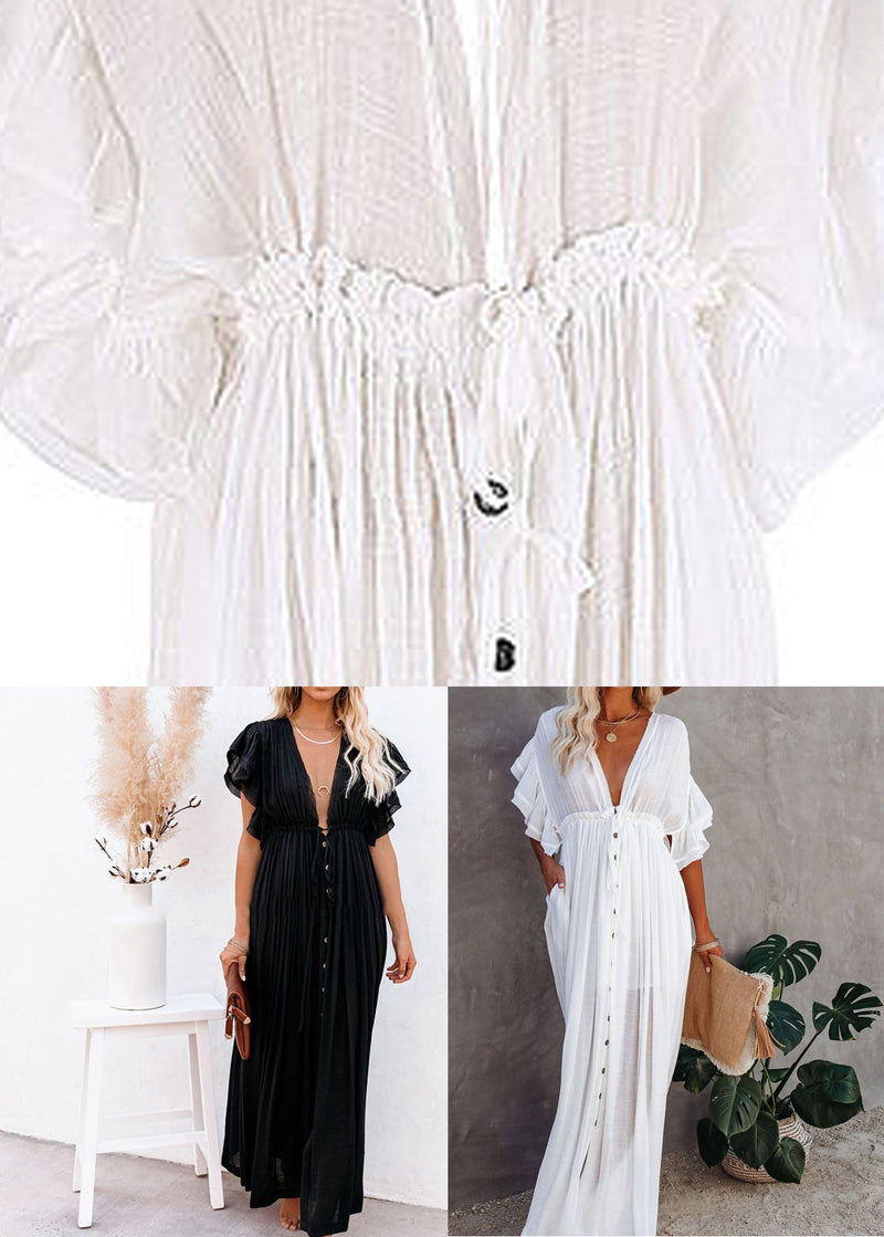 French White V Neck Button Maxi Dress Short Sleeve