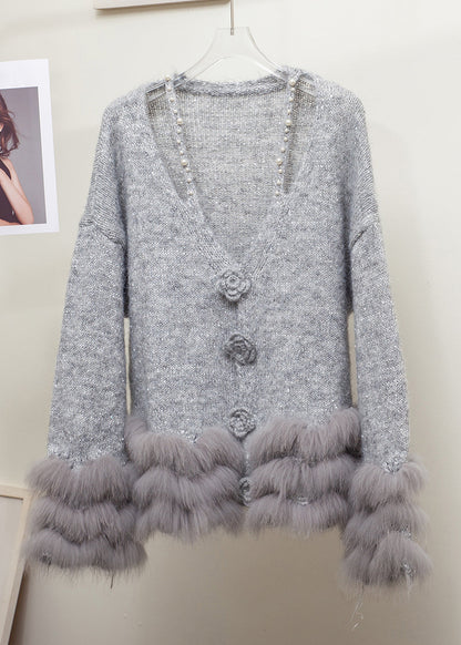 Grey V Neck Fox Fur Pearl Patchwork Knit Sweaters Winter