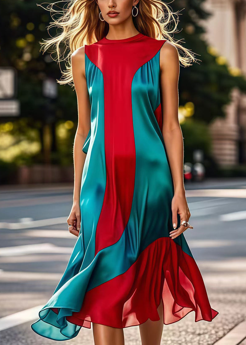 Diy Colorblock Silm Fit Patchwork Silk Long Dresses Sleeveless