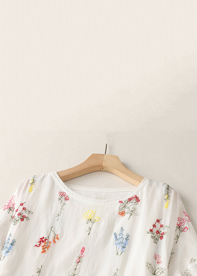 New White O-neck Lace Up Cotton Dresses Half Sleeve