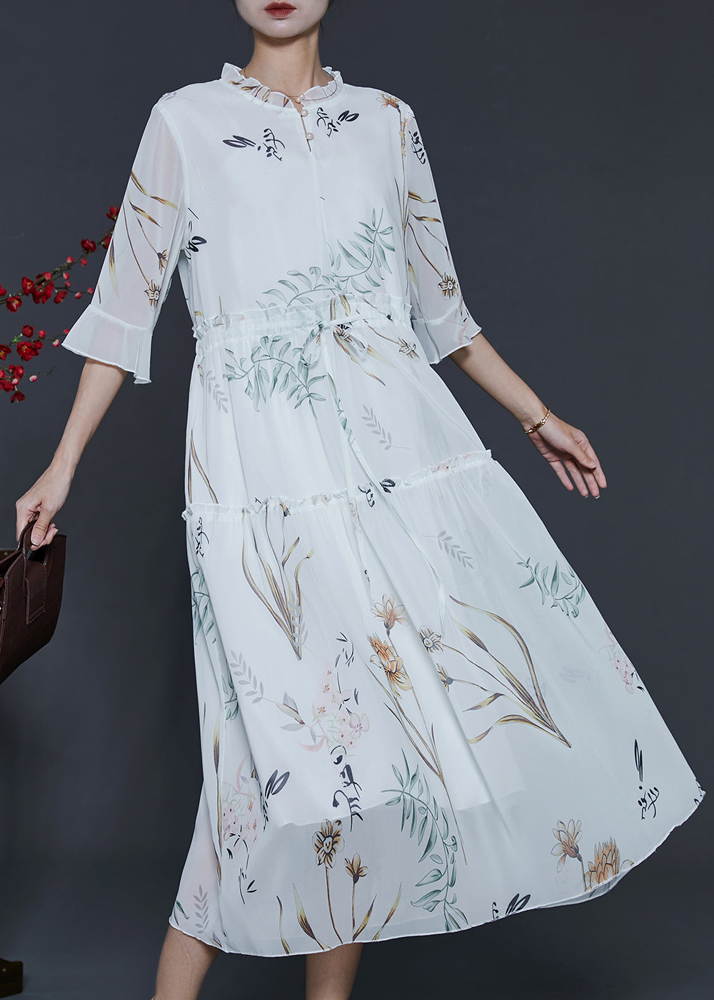 White Ruffled Print Chiffon Cinched Dresses Summer