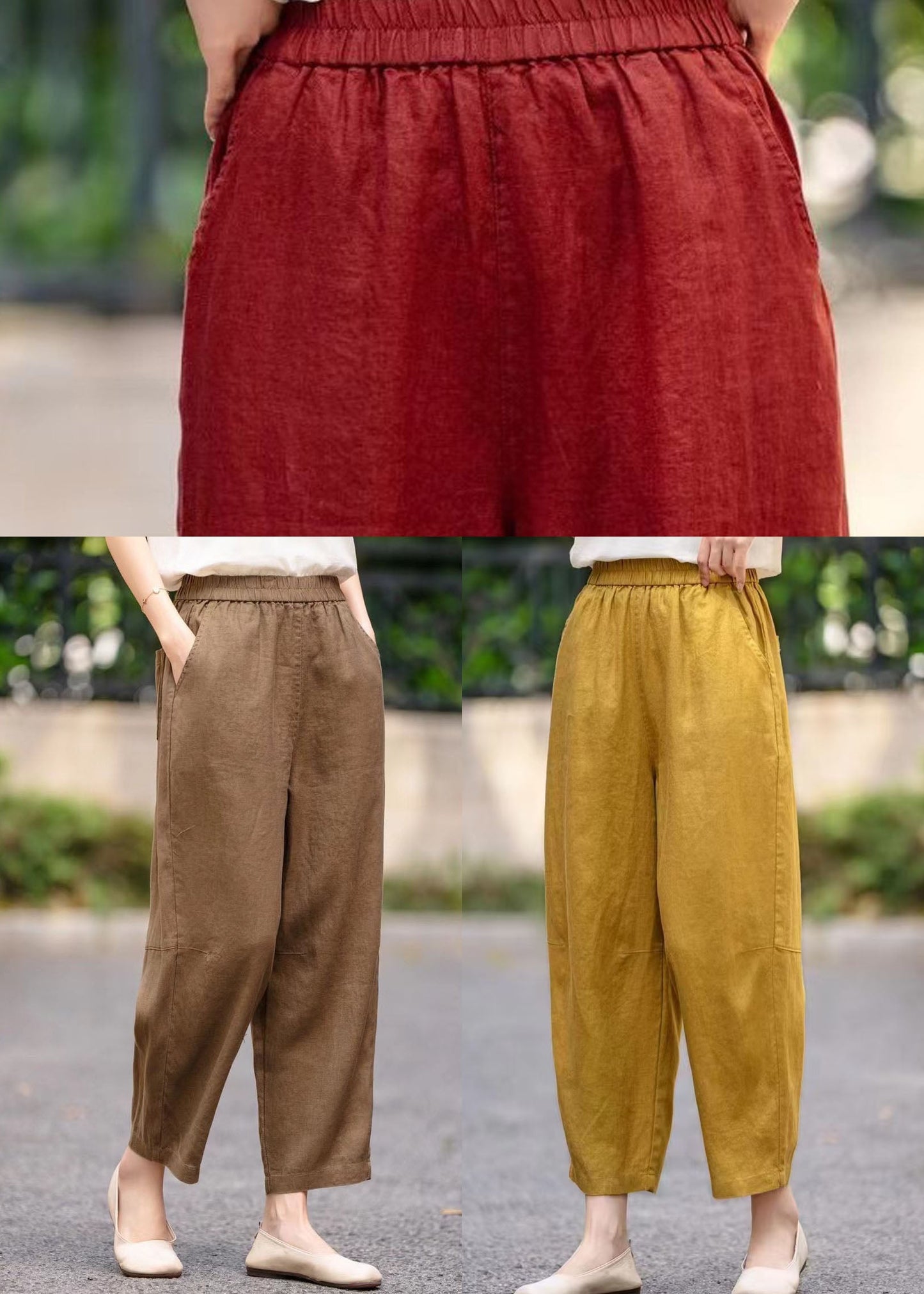 Coffee Elastic Waist Linen Harem Pants Summer