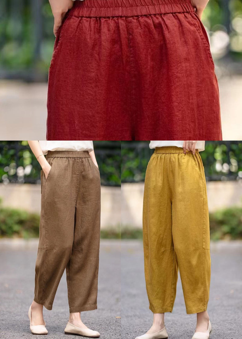 Stylish Mulberry Elastic Waist Pockets Linen Harem Pants Summer