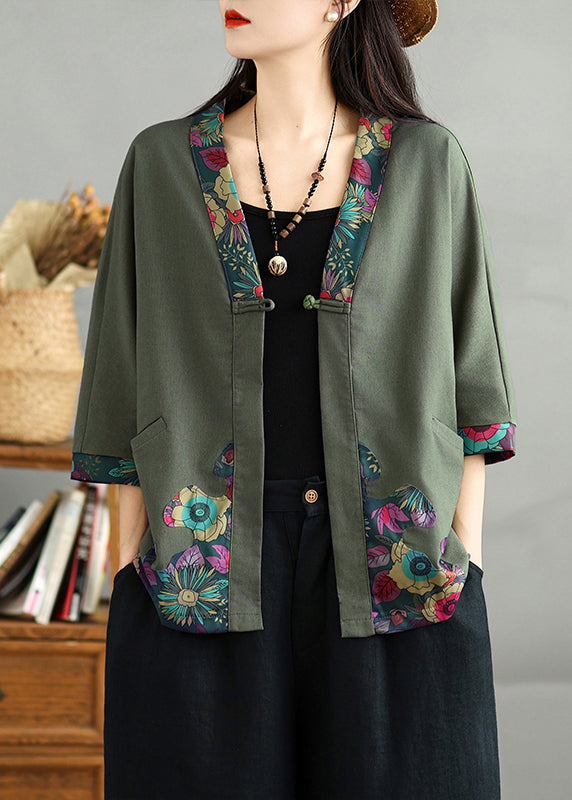 Black V Neck Print Button Cotton Cardigans Fall