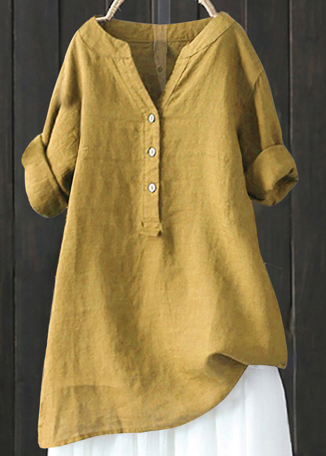 Beige V Neck Cotton T Shirt Top Summer