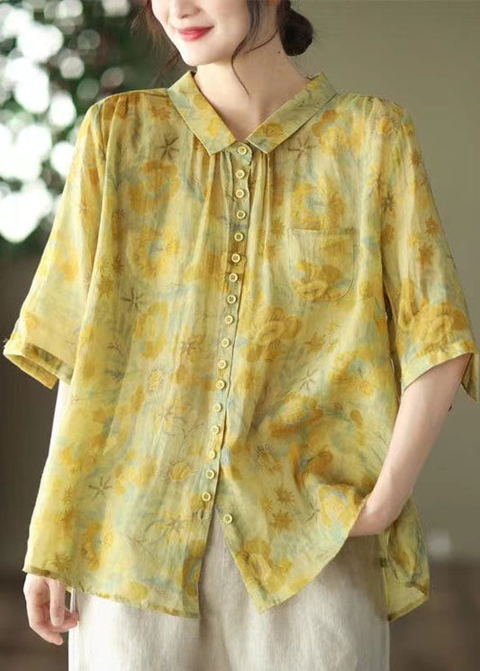 Yellow Peter Pan Collar Print Linen Shirt Tops Summer