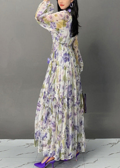 Purple Lace Up Print Chiffon Fall Long Dress