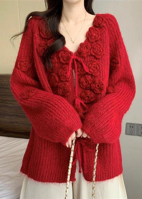 Natural Red Decorated Warm Knit Cardigans Fall