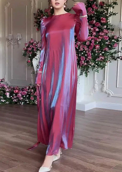 Purple O Neck Silk Maxi Dress Fall