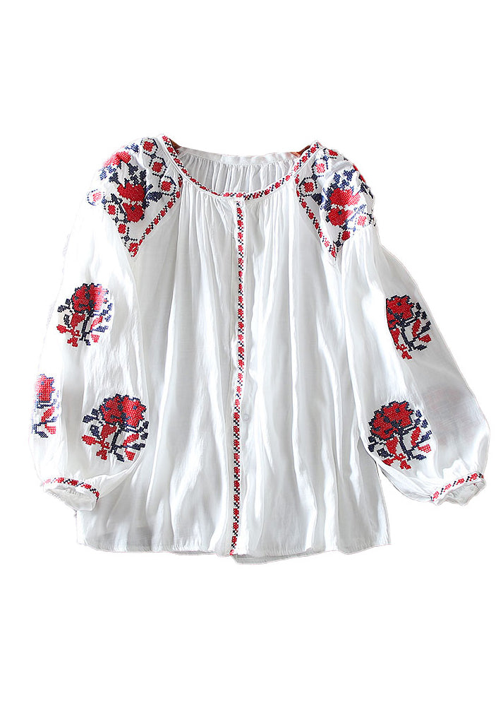 White Embroidered Shirt Lantern Sleeve