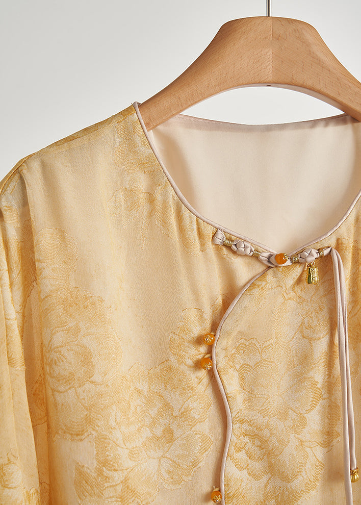 Yellow Tasseled Print Silk Coats Fall