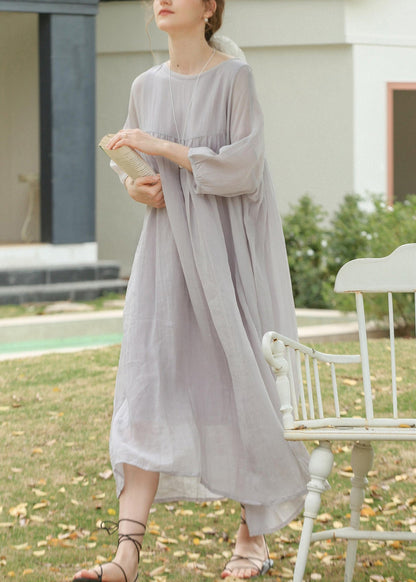 Grey O Neck Wrinkled Linen Long Dresses Summer