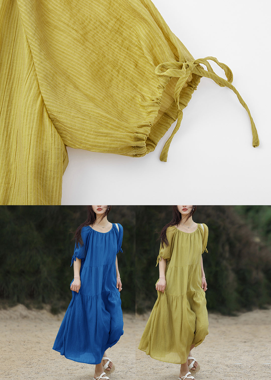 Brief Blue O-neck Patchwork Long Dresses Summer