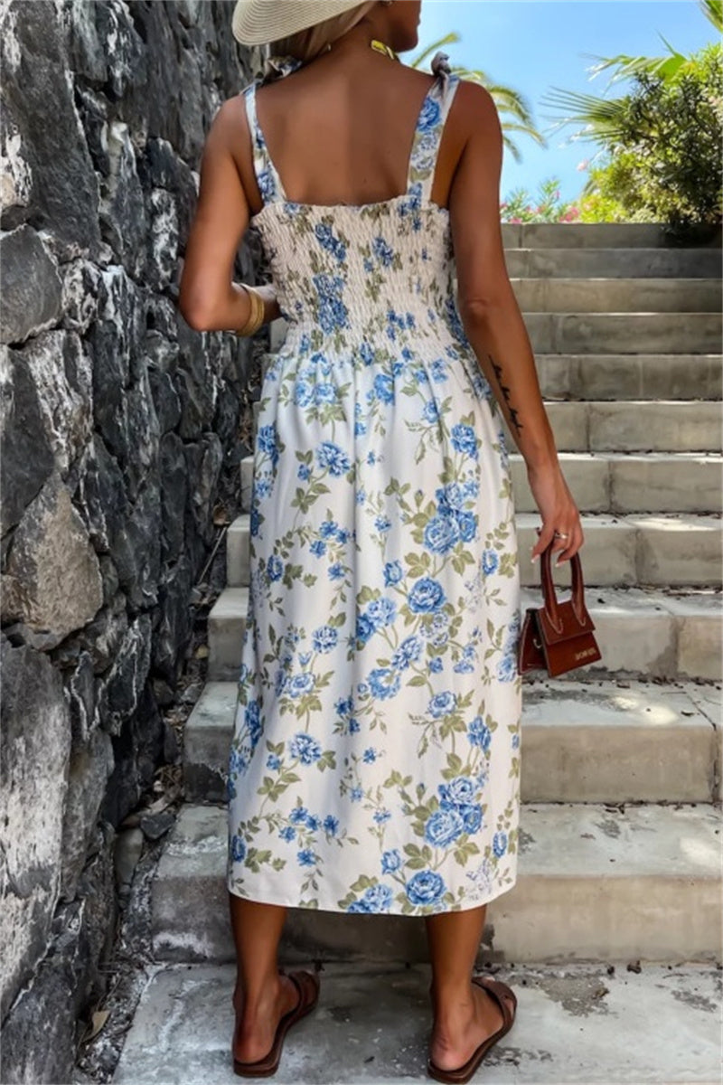 Color Print Backless Slit Belted Spaghetti Strap Sleeveless Dresses(7 Colors)