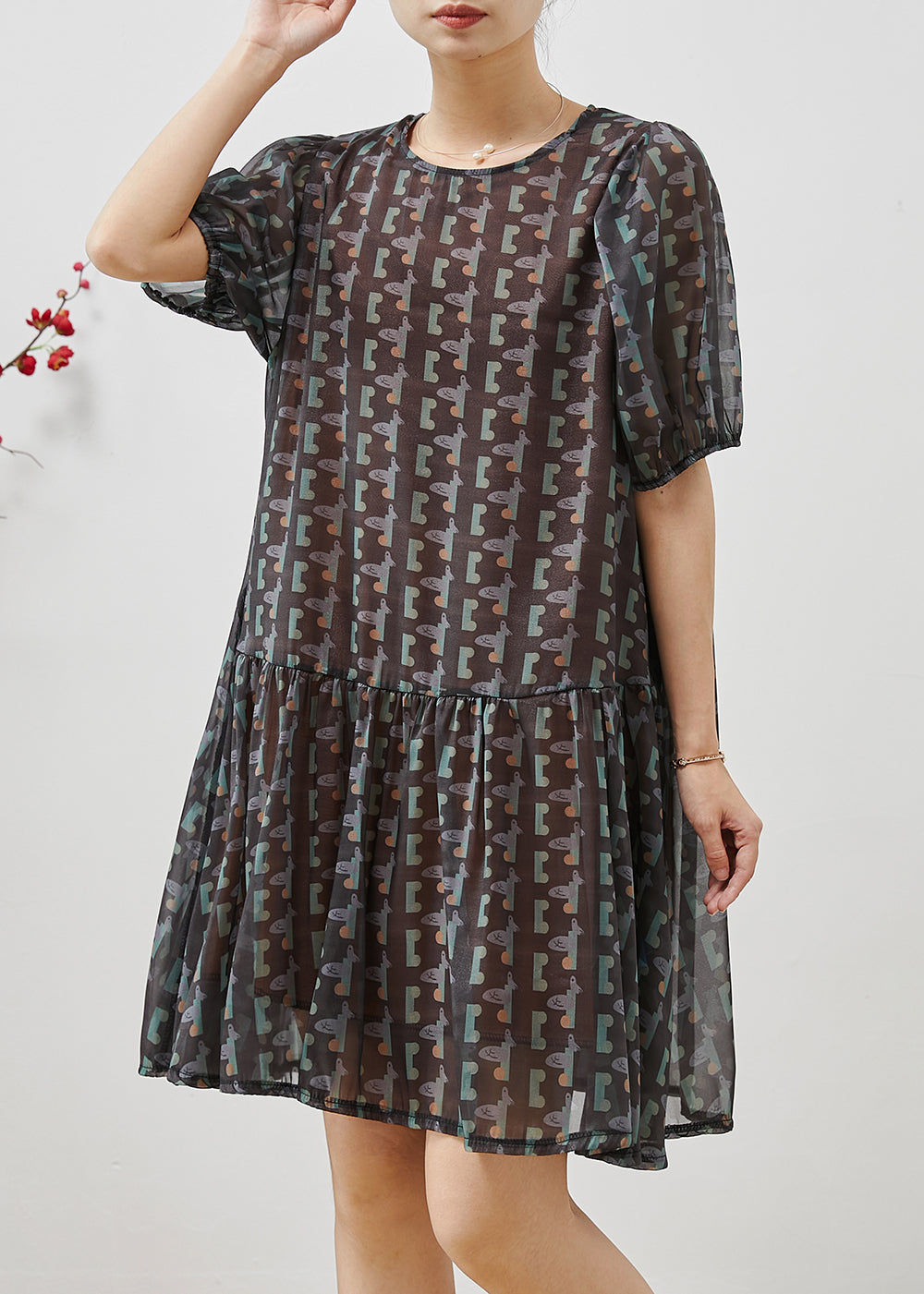 Black Puff Sleeve Print Chiffon Holiday Dress