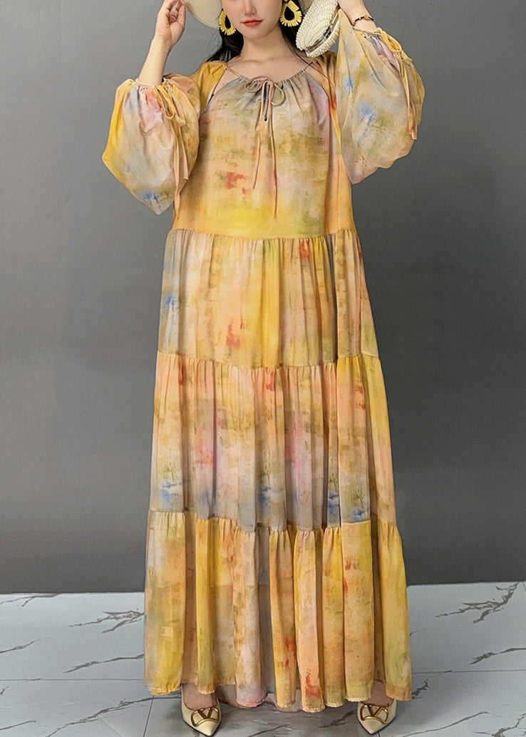 Yellow Lace Up Patchwork Cotton Maxi Dresses Fall