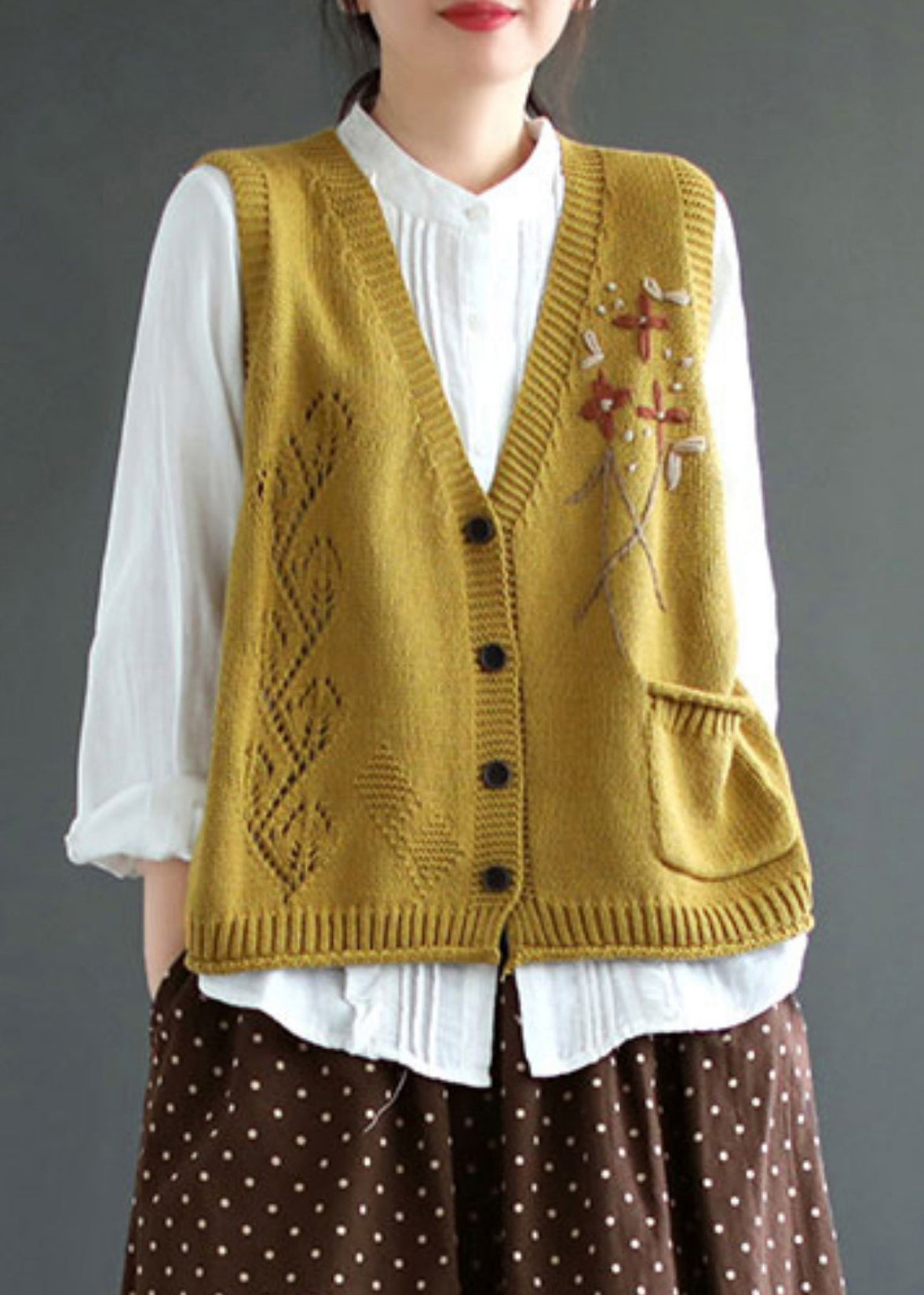 Yellow V Neck Button Patchwork Cotton Knit Waistcoat Sleeveless