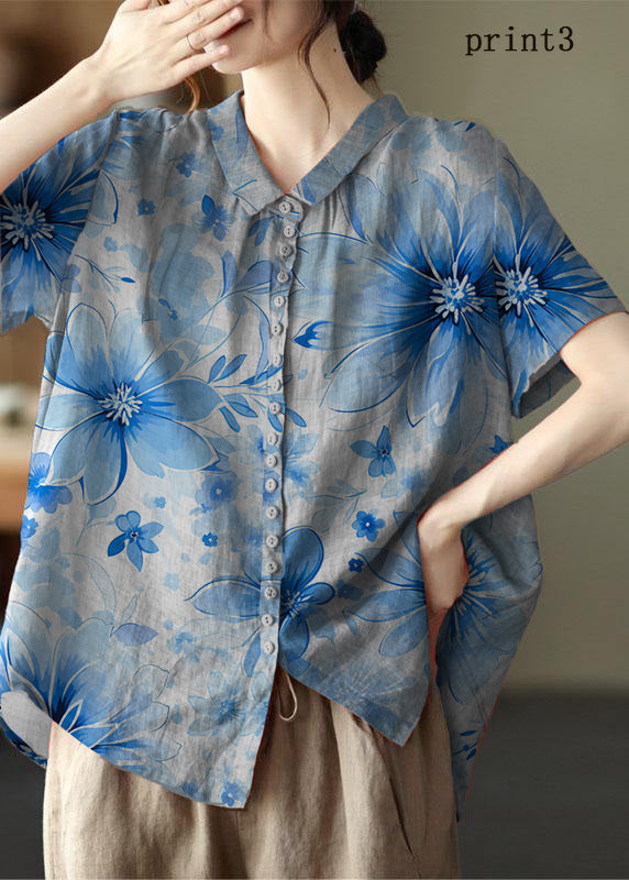 Print5 Peter Pan Collar Pockets Patchwork Ramie Cardigan
