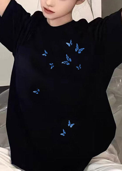 Black Butterfly Print T Shirt Summer