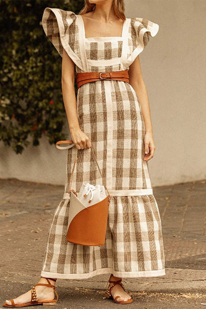 Plaid Patchwork Flounce Square Collar a Line Dresses