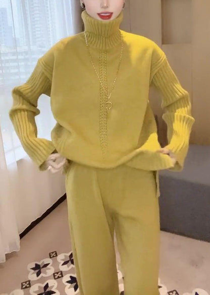 Simple Yellow Turtleneck Knit Two Pieces Set Winter
