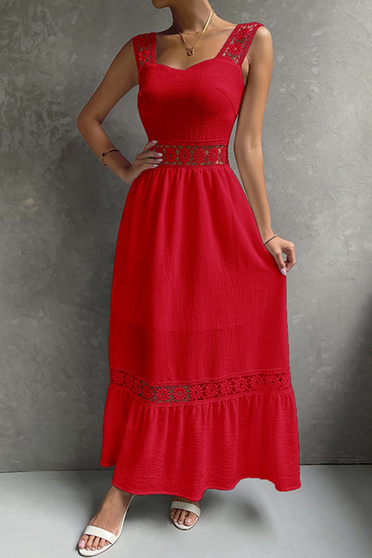 Jacquard Hollow Out Tiered Midi Dress