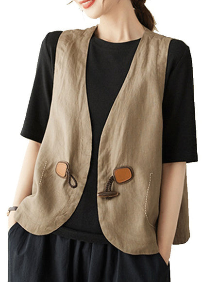 Khaki V Neck Horn Button Cotton Vest Sleeveless