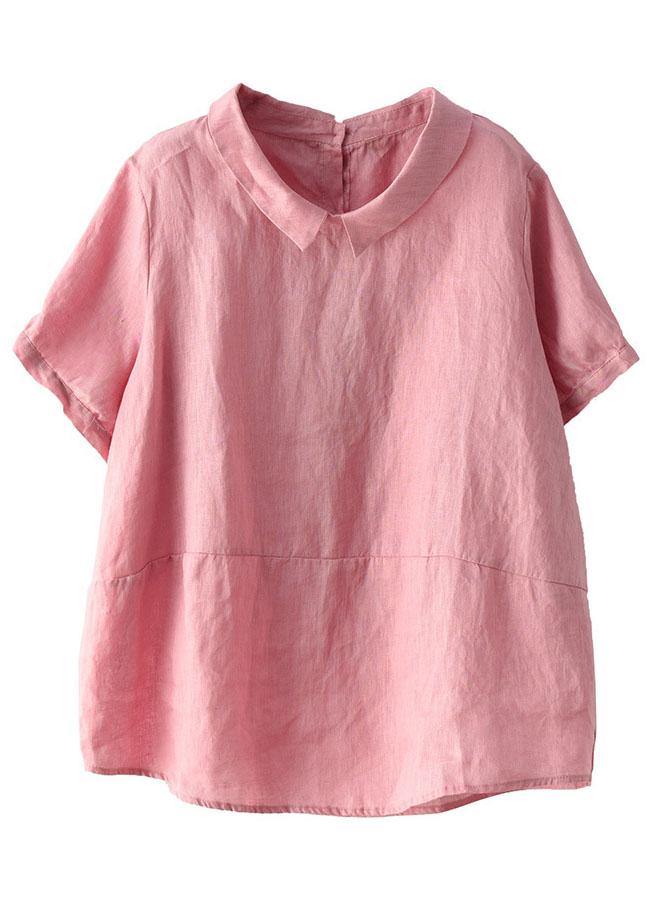 Simple Print4 Peter Pan Collar Patchwork Summer Linen Blouses