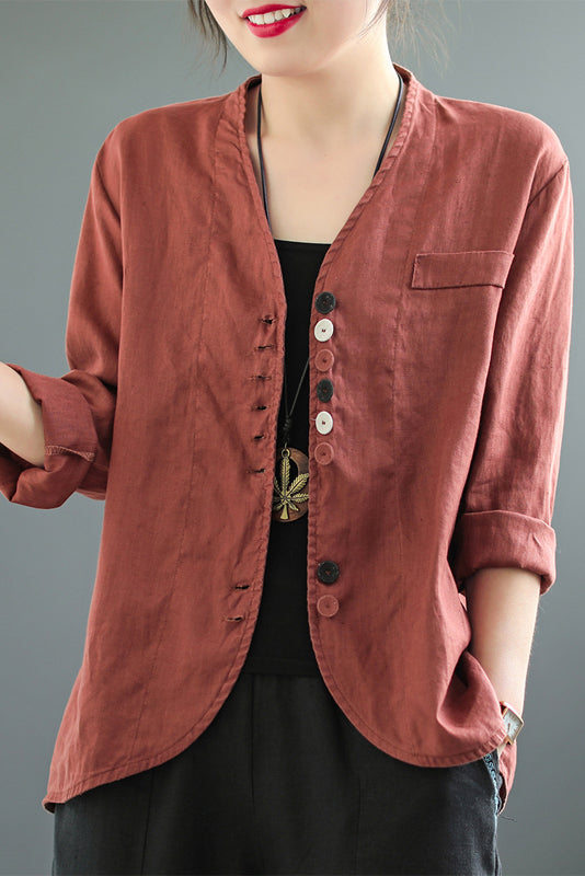 - Color Cotton Linen Short Coat Long Sleeve Cardigan