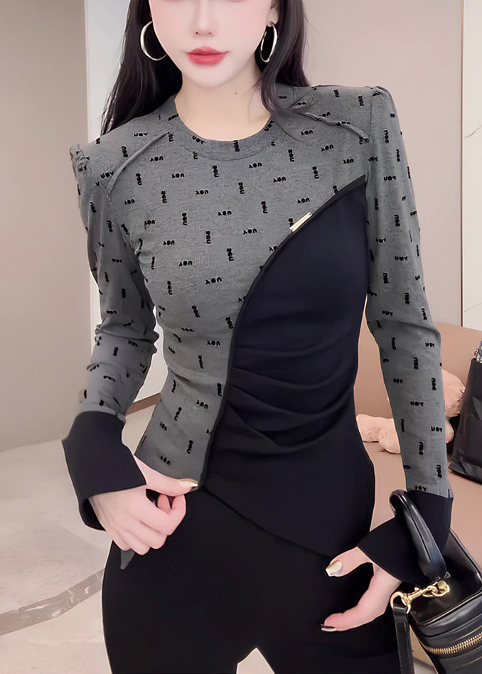 Grey Asymmetrical Patchwork Cotton T Shirt Summer
