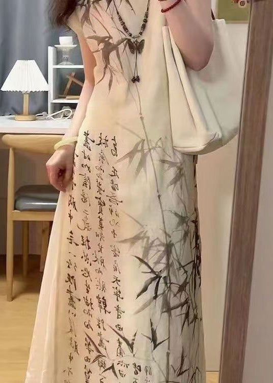 Chinese Style Bamboo Ink Painting Lace Up Dress for Summer