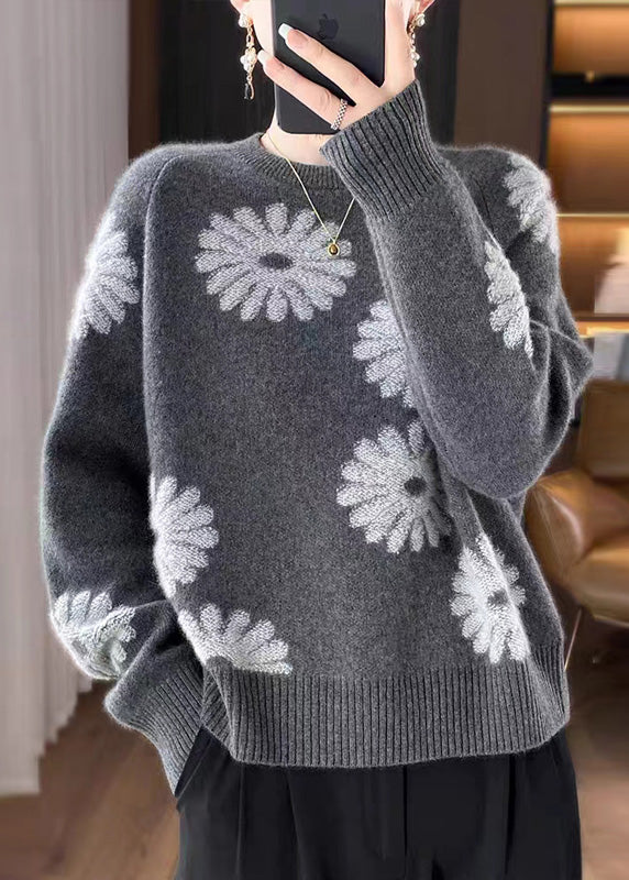 Loose Coffee O-neck Print Wool Knit Sweaters Fall