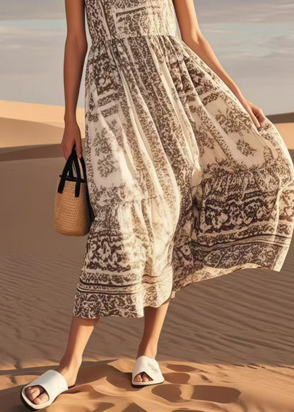 Simple Khaki Print Cotton Long Dresses Summer