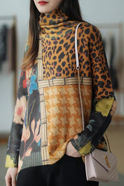 Color Contrast Flower Turtleneck Sweater