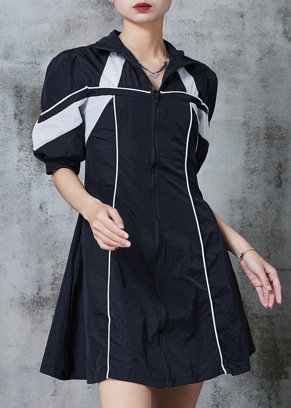 Black Zip Up Patchwork Spandex Sweatshirt Dresses Summer