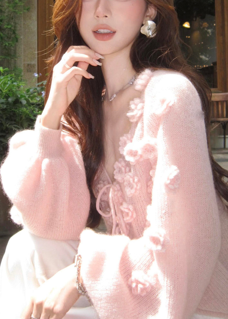 Pink V Neck Lace Up Knit Short Sweater Fall