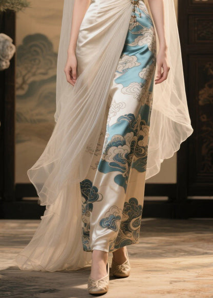 Italian Champagne Print Asymmetrical Patchwork Tulle Party Dress Summer