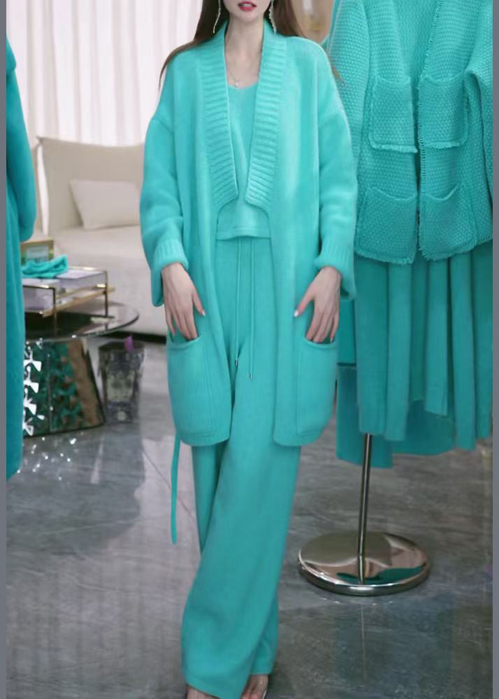 Blue V Neck Pockets Knit Three-piece Set Winter