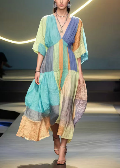 French Rainbow V Neck Patchwork Cotton Holiday Dress Summer