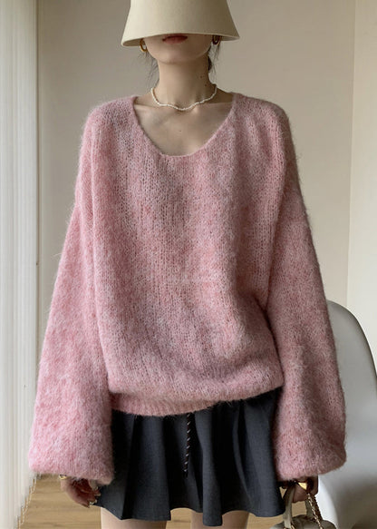 Simple Pink V Neck Cozy Cotton Knit Sweaters Winter