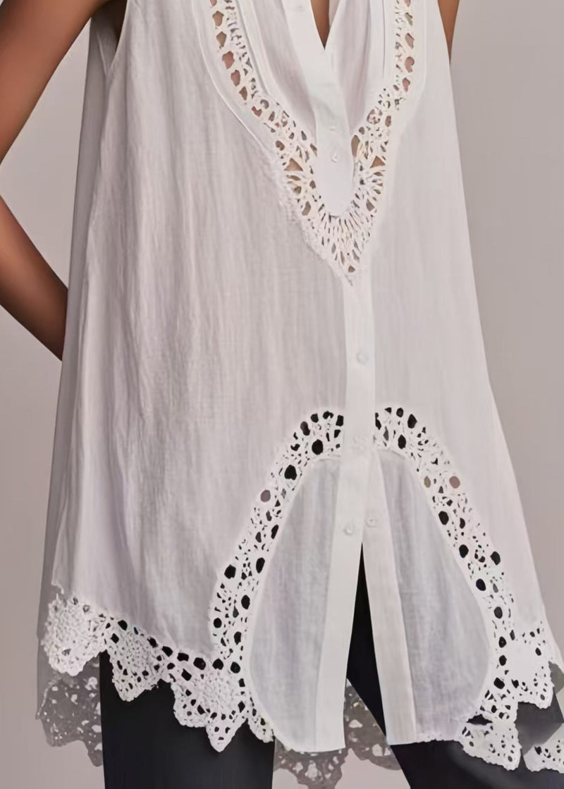 White Hollow Out Cotton Long Vest Sleeveless