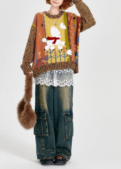 Brown Oversized Patchwork Thick Knit Sweater Winter