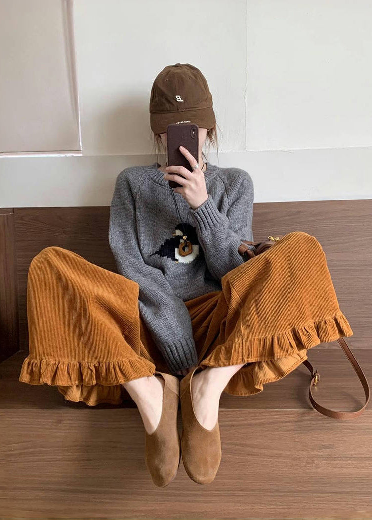 Original Green Ruffled Patchwork Corduroy Wide Leg Pants Winter